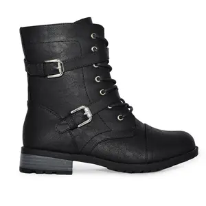 Wild Diva Women's TIMBERLY-272A Faux Leather Strappy Buckle Lace Up Military Combat Ankle Boots Footwear