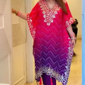 DESIGNER CHINON SEQUENCE EMBROIDERY BANDHANI PRINTED KAFTAN WITH BOTTOM PINK