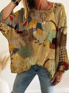 Women's One-Shoulder Hollow Out Batwing Sleeve Knit Top, Colorblock Print Long Sleeve Shirt, Casual Elegant Vacation Wear