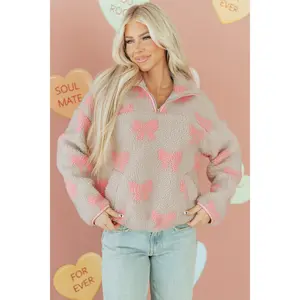 Gray Bow Sherpa Quarter Zip Drop Shoulder Baggy Sweatshirt
