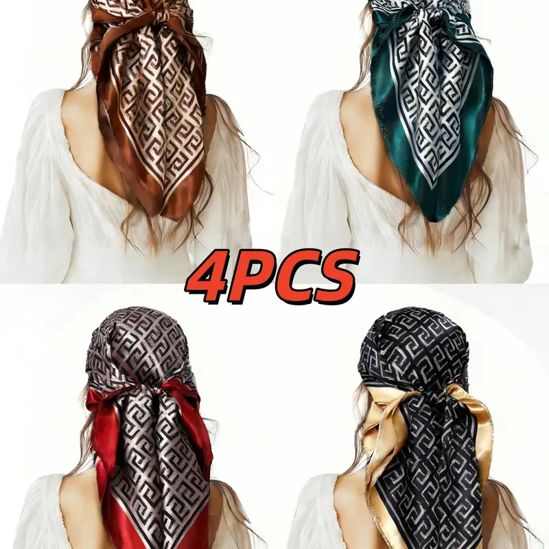 Set of 4 Geometric Print Scarves, Scarf Wrap, Versatile Headscarf, Thin Woven Fabric, Casual Fitted Style, All Season Use, European and American Fashion Accessories, Polyester Scarf
