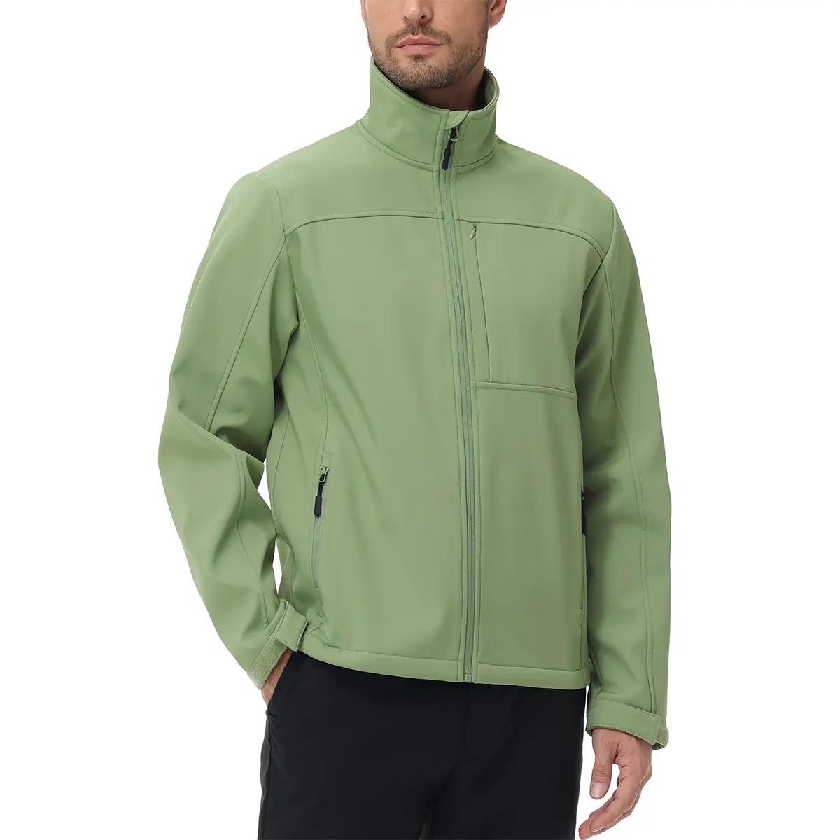 Men's softshell jacket, fleece lining, waterproof, stand collar, lightweight and warm, windproof and rainproof, suitable for outdoor hiking, green, 4XL