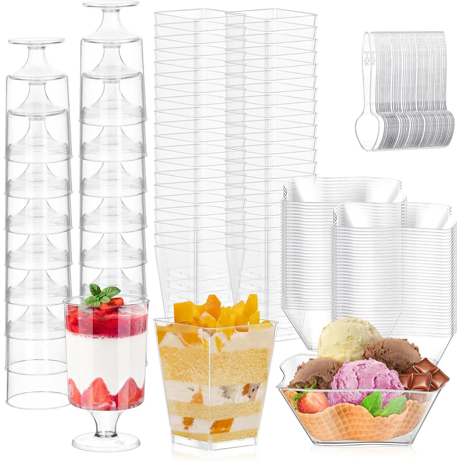 300 Packs 5oz Dessert Cups with Spoons, 3 Styles Mini Plastic Appetizer Cups, Clear Parfait Cup for Party, Cake Cups for Tiramisu, Pudding, Snacks, Yogurt, Fruits