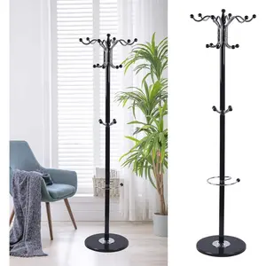 Coat Rack Freestanding, Modern Coat Rack with Natural Marble Base, Metal Freestanding Coat Rack with 16 Hooks, Entry-way Coat Racks Stand, Standing Coat Tree Rack (Black)