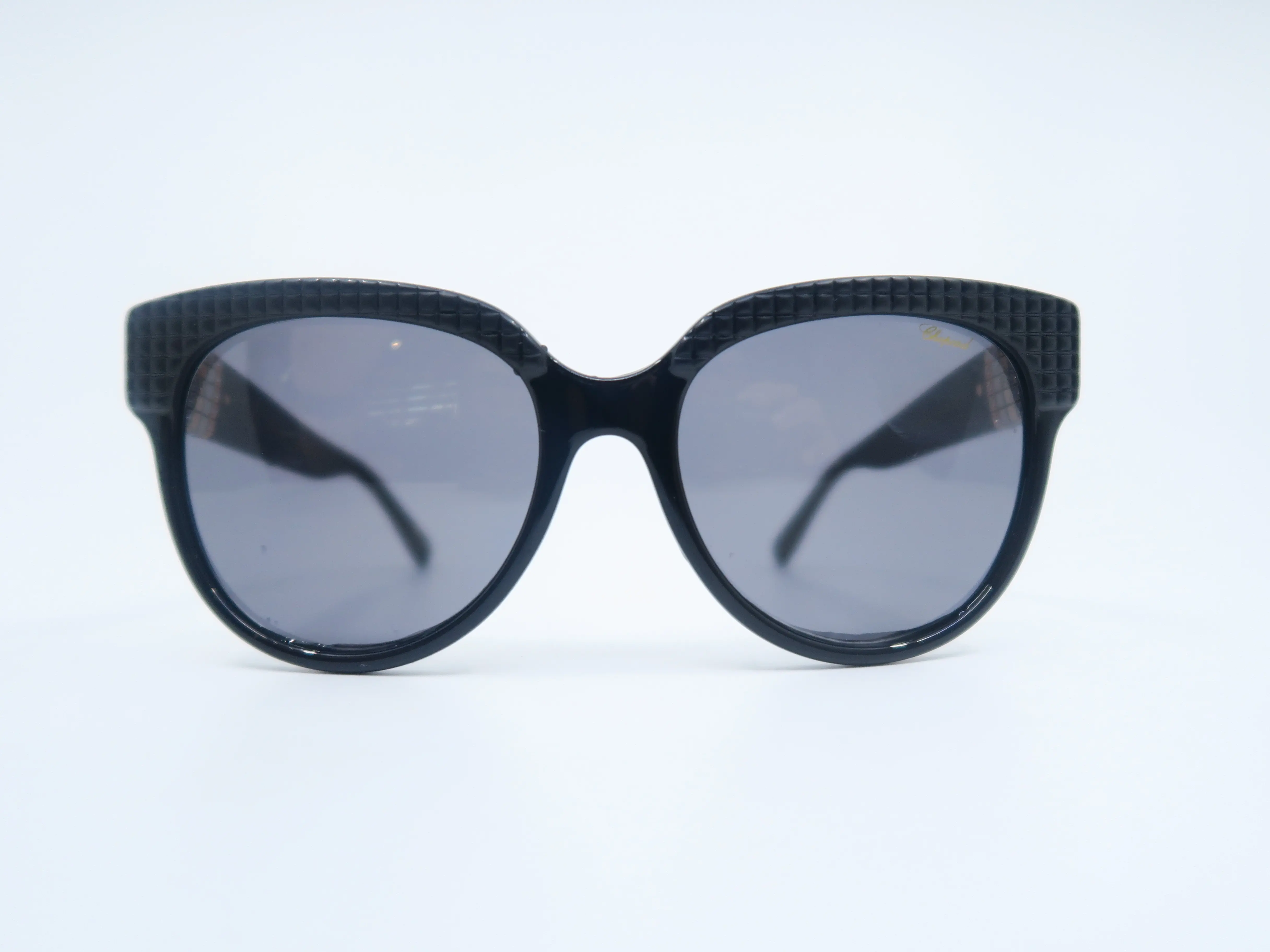 Chopard SCH234S Women's Cat Eye Sunglasses in Black Acetate, 3D Square Pattern with Crystal and Gold Accents, Black And Gold Accented Women's Sunglasses, 100% Authentic, 56Mm 18Mm 140Mm