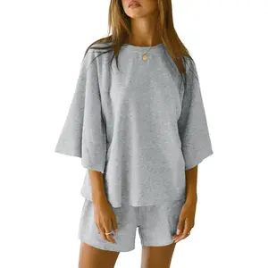 Womens Pajama Sets 3/4 Sleeve Oversized Tops and Elastic Waist Shorts Lounge Sets Loungewear