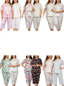 Plus Size 2-Pack Capri Pajama Sets, Round Neck Short Sleeve Loungewear, Assorted Cute Prints (Floral, Bow, Leopard, Heart), Soft Sleepwear for Women, Perfect for Pajama Parties & Summer Nights