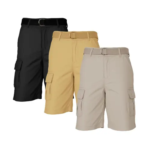 Men's 3-Pack 96% Cotton Blend Washed Cargo Shorts with Tonal D-Ring Belt Hold - Soft Fabric, Stylish Modern Fit, Athletic Easy Movement, Multi-Pockets, Stretch, Plain, Mid Waist, Rugged Trail, Button Closure, Zip Fly, All Season Outdoor Casual Menswear