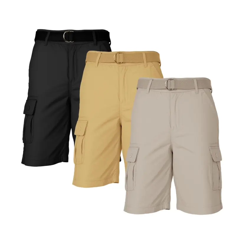 Men's 3-Pack 96% Cotton Blend Washed Cargo Shorts with Tonal D-Ring Belt Hold - Soft Fabric, Stylish Modern Fit, Athletic Easy Movement, Multi-Pockets, Stretch, Plain, Mid Waist, Rugged Trail, Button Closure, Zip Fly, All Season Outdoor Casual Menswear