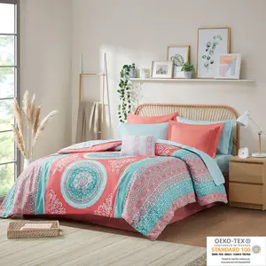 Boho Comforter Set with Bed Sheets Coral Aqua Medallion Print OEKO-TEX Certified Microfiber Bedding Set, Isolde