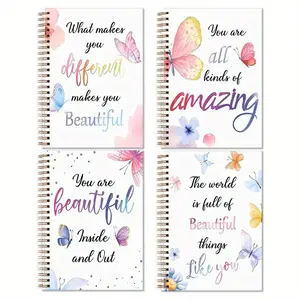 Butterfly Pattern Spiral Notebook, 4 Counts/set Cute Butterfly Cover Notebook, Motivational Positive Journal Notebook for Students, Office Stationery & Supplies