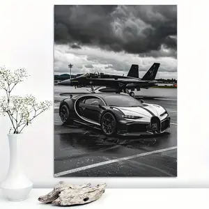 1pc Sports Car and Airplane Under Dark Clouds Poster Canvas Wall Art for Home Decor, Car Lovers and Car Enthusiasts Poster Wall Decor Roadster Canvas Prints for Living Room Bedroom Kitchen Office Cafe Decor, Perfect Gift and Decoration