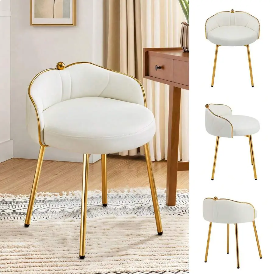 White Floral Backrest Vanity Stool, Gold Accent Armless Makeup Chair, Waterproof Oil-Resistant Fabric Upholstery, Compact Multi-Scene Accent Chair For Living Room Bedroom Vanity Spaces
