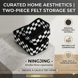 Checkered Felt Storage Bins Set of 2, Vintage Minimalist Decorative Large Capacity Organizer, Home Office Desk Drawer Storage Solution Boxes
