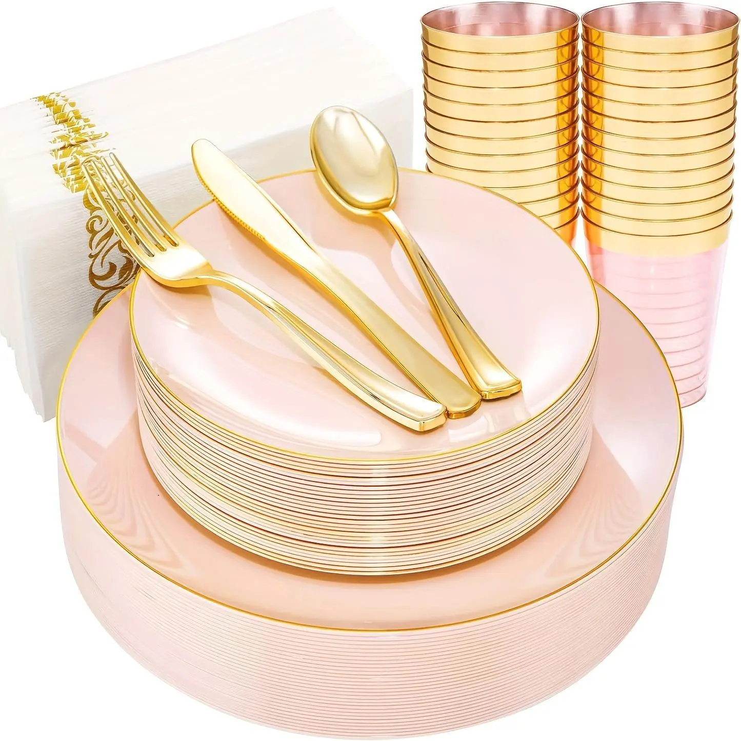 210pcs Plastic Pink Plates With Golden Plastic Silverware Set Include 30Pink Dinner & 30 Dessert Plates, 90Gold Cutlery, 30Gold Cups, 30Napkins, Pink Dinnerware For Party