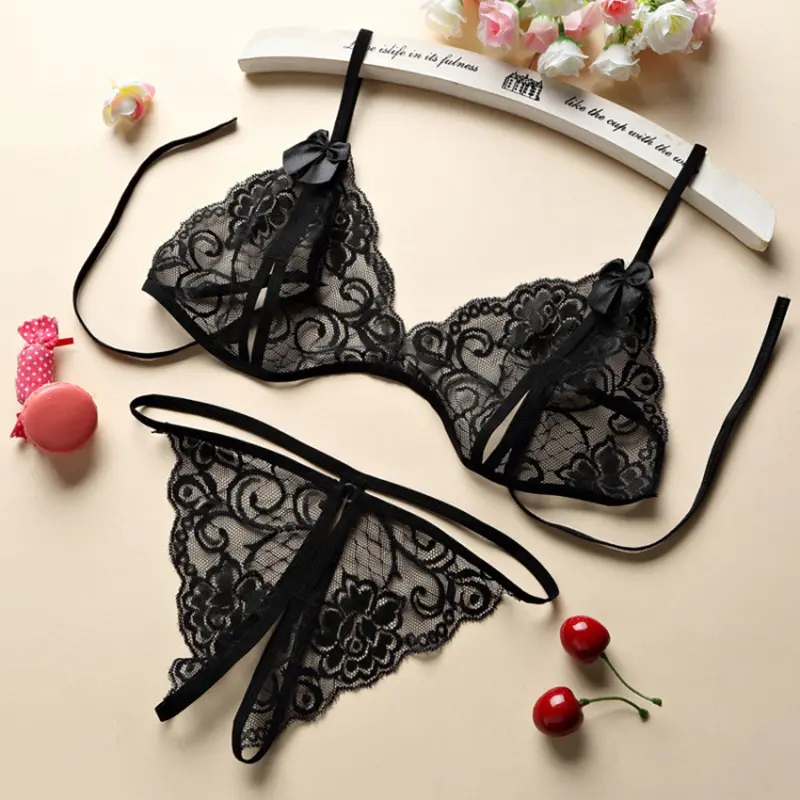 Sexy lingerie three-piece open-crotch bikini lace pajama set with thong two-piece set