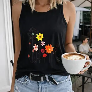Colorful Floral Pattern Print Design Women's T-Shirt Crew-neck Sleeveless Vest Outdoor Casual Short Sleeve