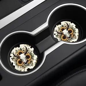 Cow Skull Car Coasters Non Slip Absorbent Compatible with Various Cars Soft material Sunflowers