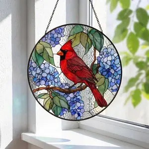 Red Cardinal Stained Glass Suncatcher, Blue Hydrangea Bird Window Hanging, Nature Lover Gift, Cardinal Memorial Decor, Garden Glass Art