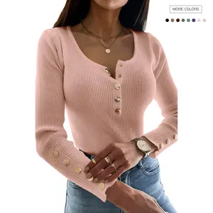 Danedvi Womens Sexy Long Sleeve Sweater Scoop Neck Button Up Fitted Pullover Shirts Tops Leggings Chic