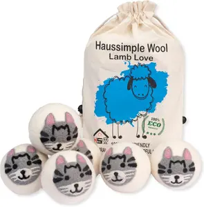 Wool Dryer Balls Organic Felt 6 Pack Laundry Softener, Large Reusable Natural Sheep Wool Lint Wrinkle Free Anti Static Baby Safe (Cat)