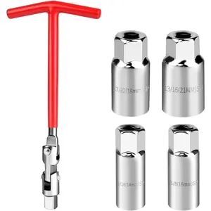 Spark Plug Wrench Set – 5-piece Universal Spark Plug Socket Wrench, T-handle Spark Plug Wrench Kit, suitable for spark plug replacement of most cars, motorcycles and lawn mowers (Red, 14/16/18/21mm)