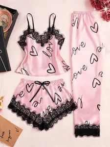 Women's Elegant Sleeveless Pajama Set, Romantic Heart Pattern Lace Top Adjustable & Elastic Shorts, Soft Satin Sleepwear & Loungewear for All Seasons