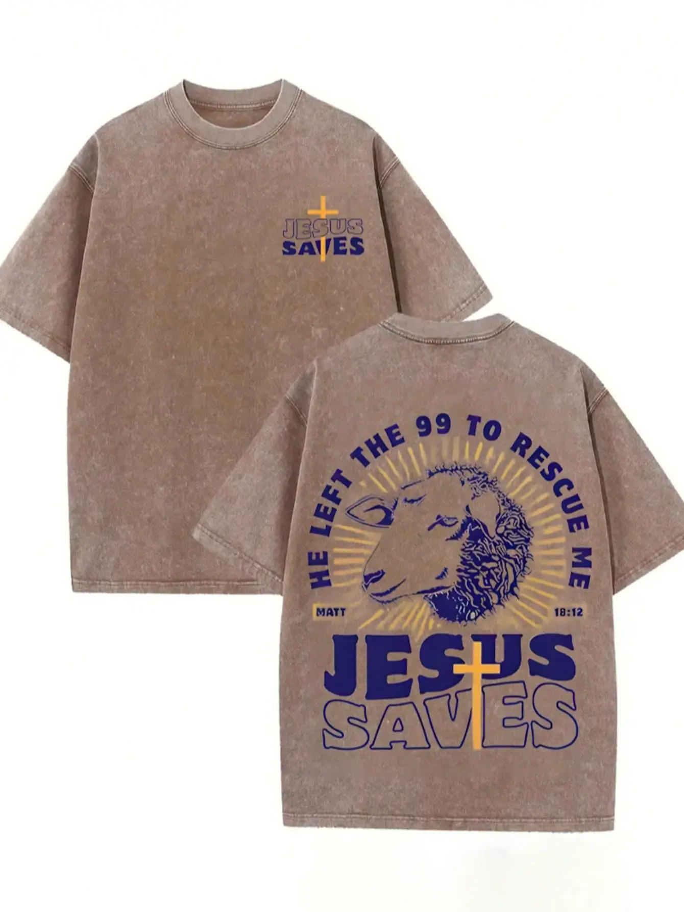 Men's 230g Washed Cotton Round Neck Short-Sleeve Graphic Tee - Vintage Streetwear Top, Jesus "He Left 99 To Save Me" Retro Sheep Letter Print, High-Quality 90s Festive Father's Day Gift