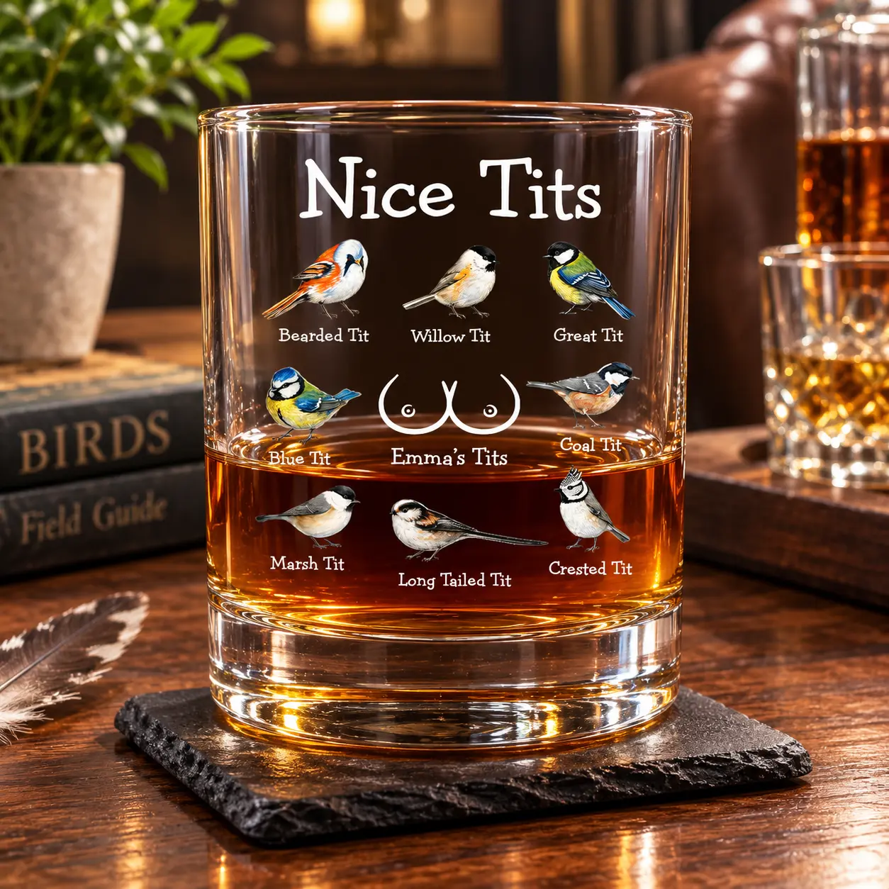 Nice Tits Whiskey Glass, Personalized Bird Whiskey Glass, Custom Name Whiskey Glass, Bird Watching Gift, Funny Bird Pun Gift, Bird Lover Gift for Men, Bird Lover Gift for Women, 11oz Rocks Glass, Birthday Gift, Christmas Gift
