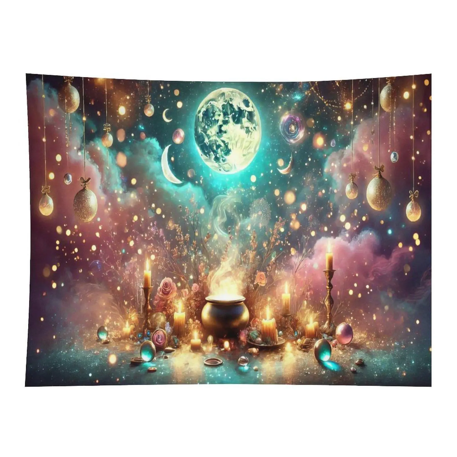 Mystical Witch Cauldron Glowing Moon Candles Magic Potion Enchanted Galaxy Fantasy Wall Tapestry
