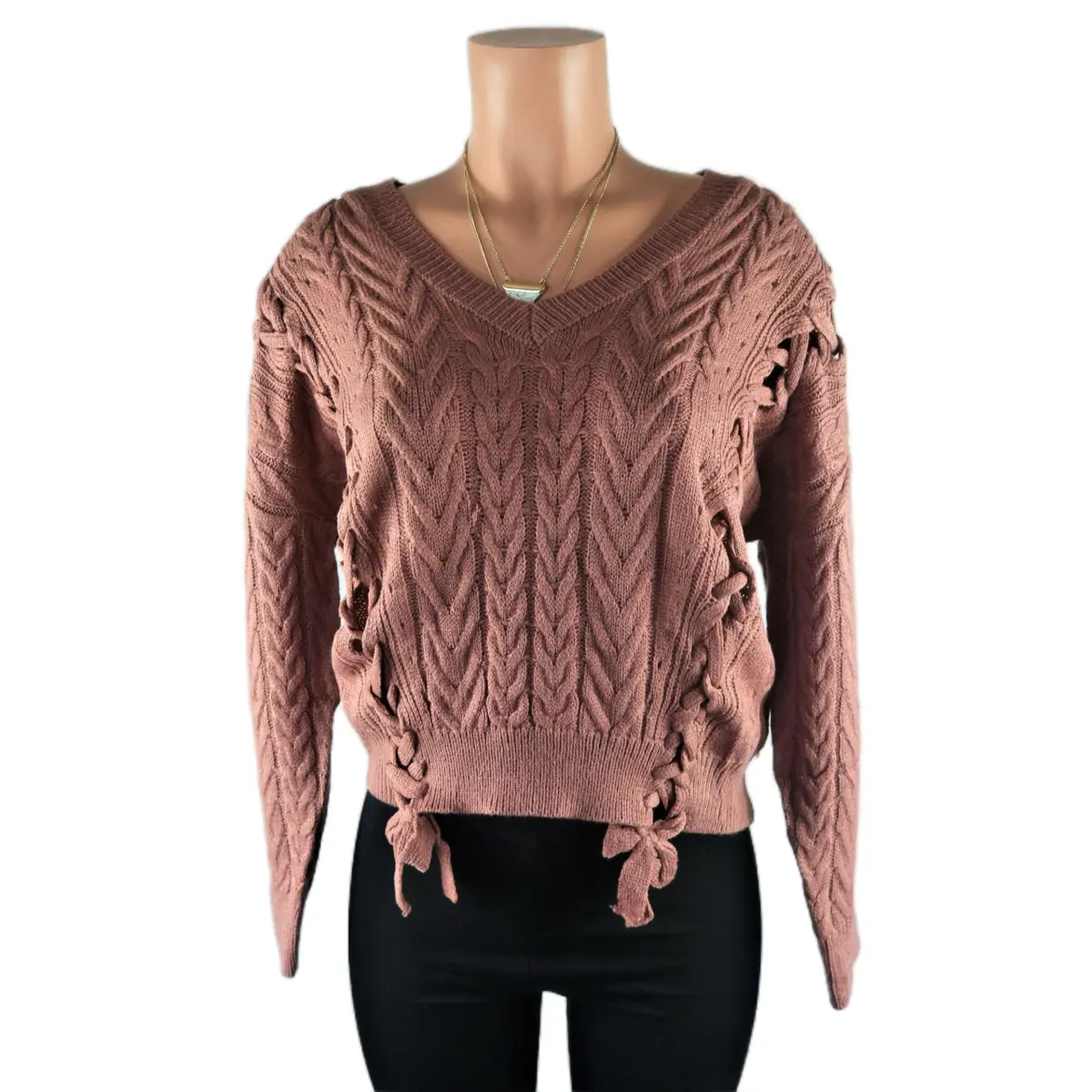 Mauve Women's Sweater - Long Sleeve Knitwear for Winter Knitted Lace Nylon