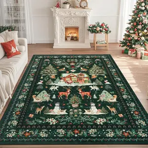 Christmas Farmhouse Floral Deer Snowman Tree Rug, Large Area Carpet for Living Room Bedroom, Home Decor Rugs, Washable Foldable Non-Slip Mat, Machine Washable Rugs