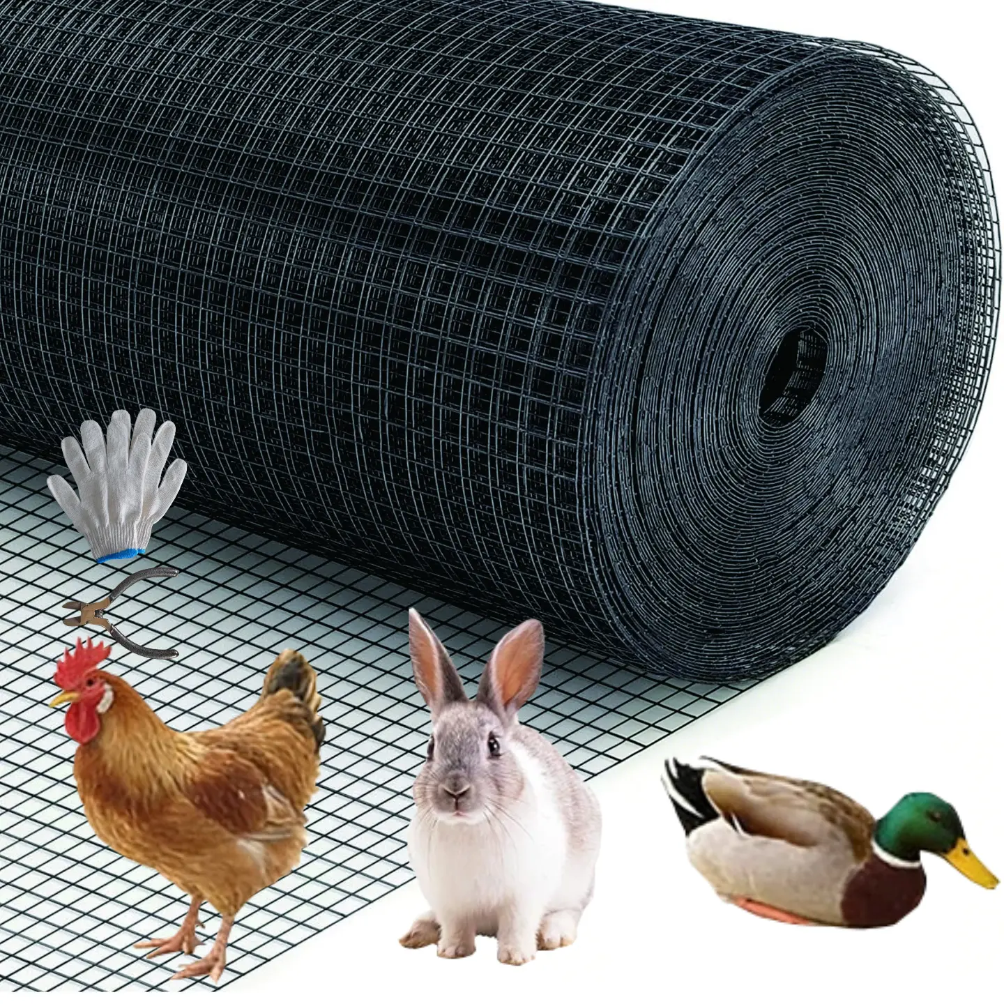 36in x 100ft Black Hardware Cloth 1/4 inch 23Ga PVC Coated Wire Mesh Vinyl Coated Fence with Snips/Gloves, Welded Metal Chicken Wire Fencing Roll, Garden Plant Fencing, for Chicken Coop and Home Improvement