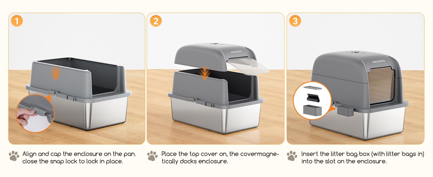 MeoWant LB02 Stainless Steel Cat Litter Box - Extra Large 3-in-1 Detachable Design, Odor-Free, 81L Capacity, Non-Stick, Scratch-Resistant, Rust-Free