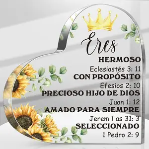 Spanish Christian Gift for Women Inspirational Religious Acrylic Heart Plaque with Bible Verse Faith Scripture Sister Grandma Mom Gift Christian Home Decor for Table Shelf Desk