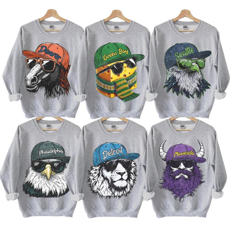 Vintage Mascot Football Sport Grey Crewneck Sweatshirt, Retro 90s Graphic Tees All Teams Football Shirt, Gift Fan Sport Menswear Tops Long Sleeve