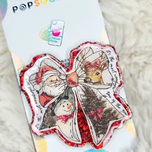 Christmas Bow PopSocket Grip | Vintage Santa Reindeer Snowman Phone Grip | Holiday Red Glitter Stand | Cute Christmas Gift Stocking Stuffer