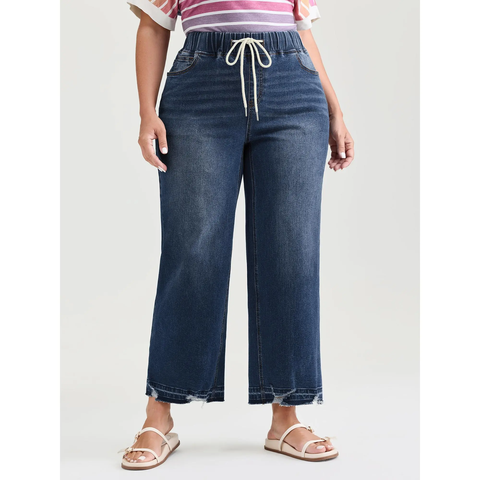 BLOOMCHIC Women's Plus Size Cotton Woven Garment Bottoms - Spandex Stretchy Easy Pull-On High-Rise Wide-Leg Basic Pants with Pocket, M-6X 2026 Summer Casual Women's Clothes,summerwins Fit Dark Indigo,Summerfinds