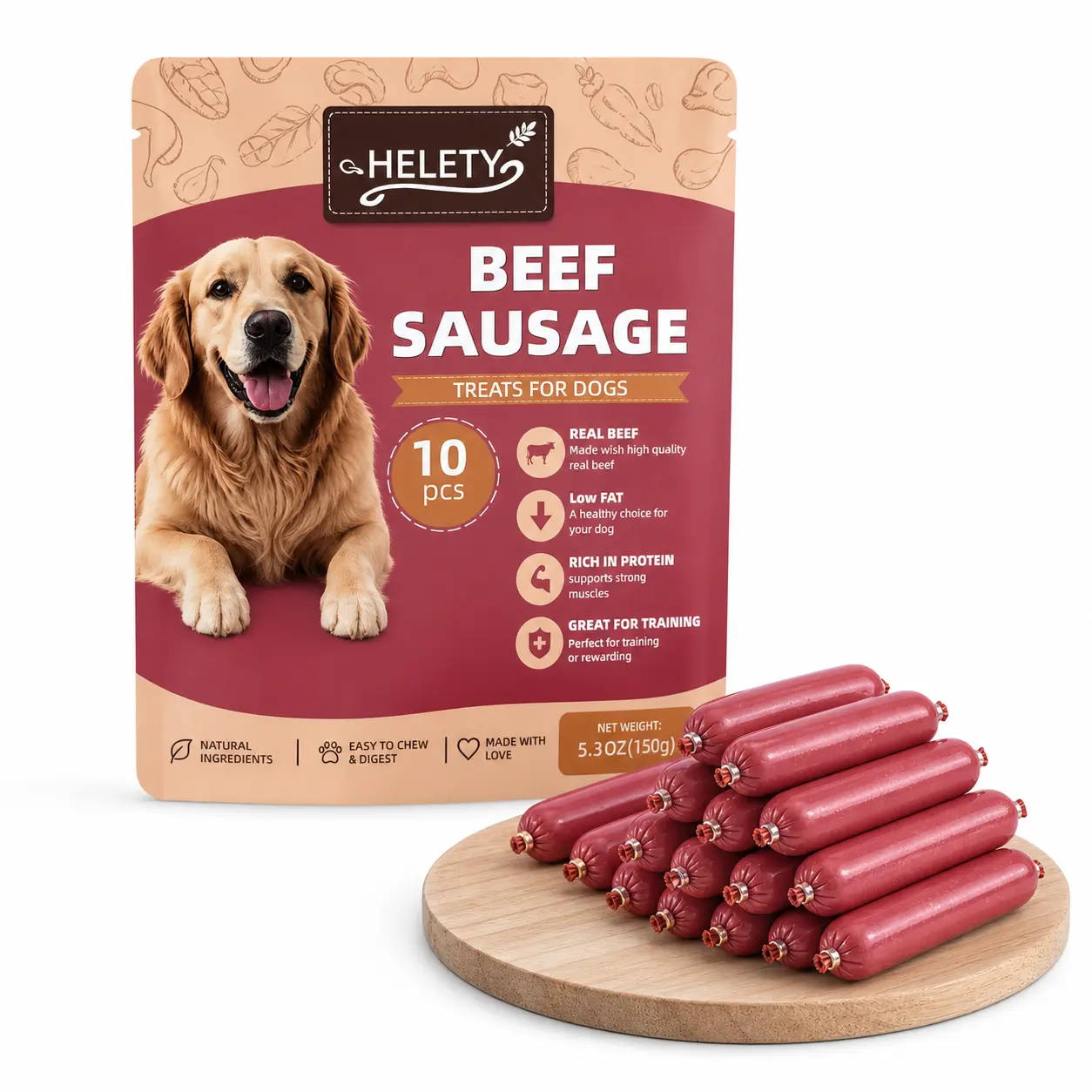 HELETY Beef/Chicken/Duck/Fish Sausage  Treats, 10 pieces, 5.3 oz, Real Meat Soft Training Snacks, Low Fat High Protein salmon puppy and cat healthy Peanut Banana  Treats dental tasty lean chew joint minties wild fresh single ingredient himalayan yak