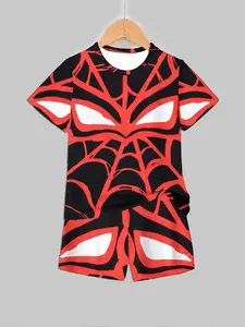 Cool Spider-Man Mask Print Short Sleeve Set, Eye-Catching, Full-Print Design, Perfect for Kids Fashion