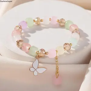 Oil Drip Butterfly Beaded Bracelet, Stackable Charm Jewelry, Casual Summer Beach Accessory, Elegant All-match Bead Bracelet, Creative Holiday & Birthday Gift for Women and Girls