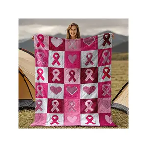 Charming Pink Patchwork Quilt with Breast Cancer Awareness Ribbons & Hearts – Soft Inspirational Throw Blanket