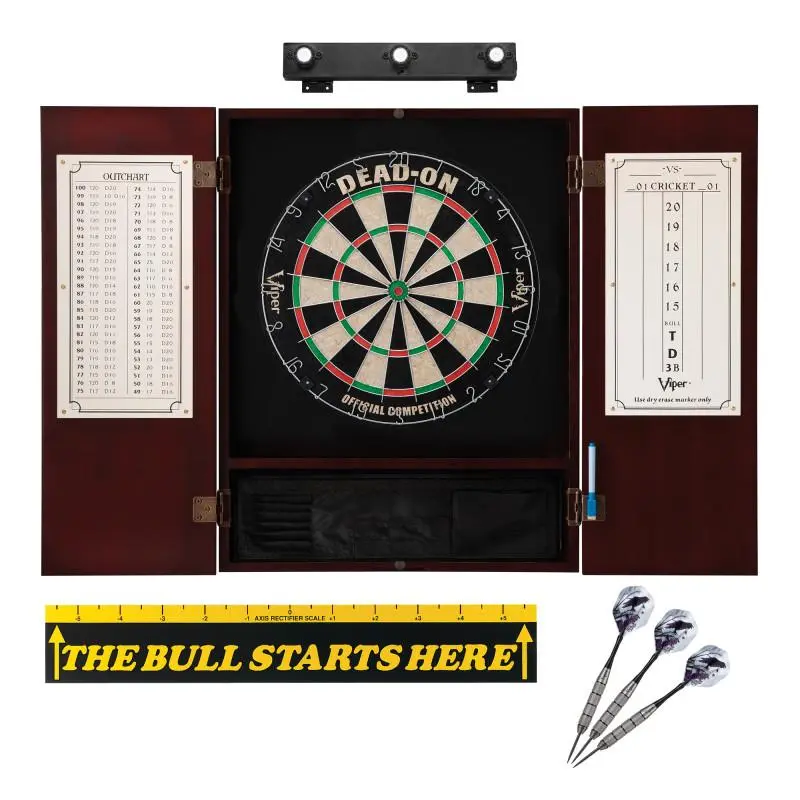 Viper Dead On Sisal Dartboard, Metropolitan Mahogany Cabinet, Shadow Buster Dartboard Lights & "The Bull Starts Here" Throw Line Marker
