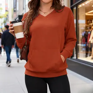 Women's Hoodless V-neck Sweatshirt With Kangaroo Pocket  Fleece Longsleeve Oversized Casual Style Shirt
