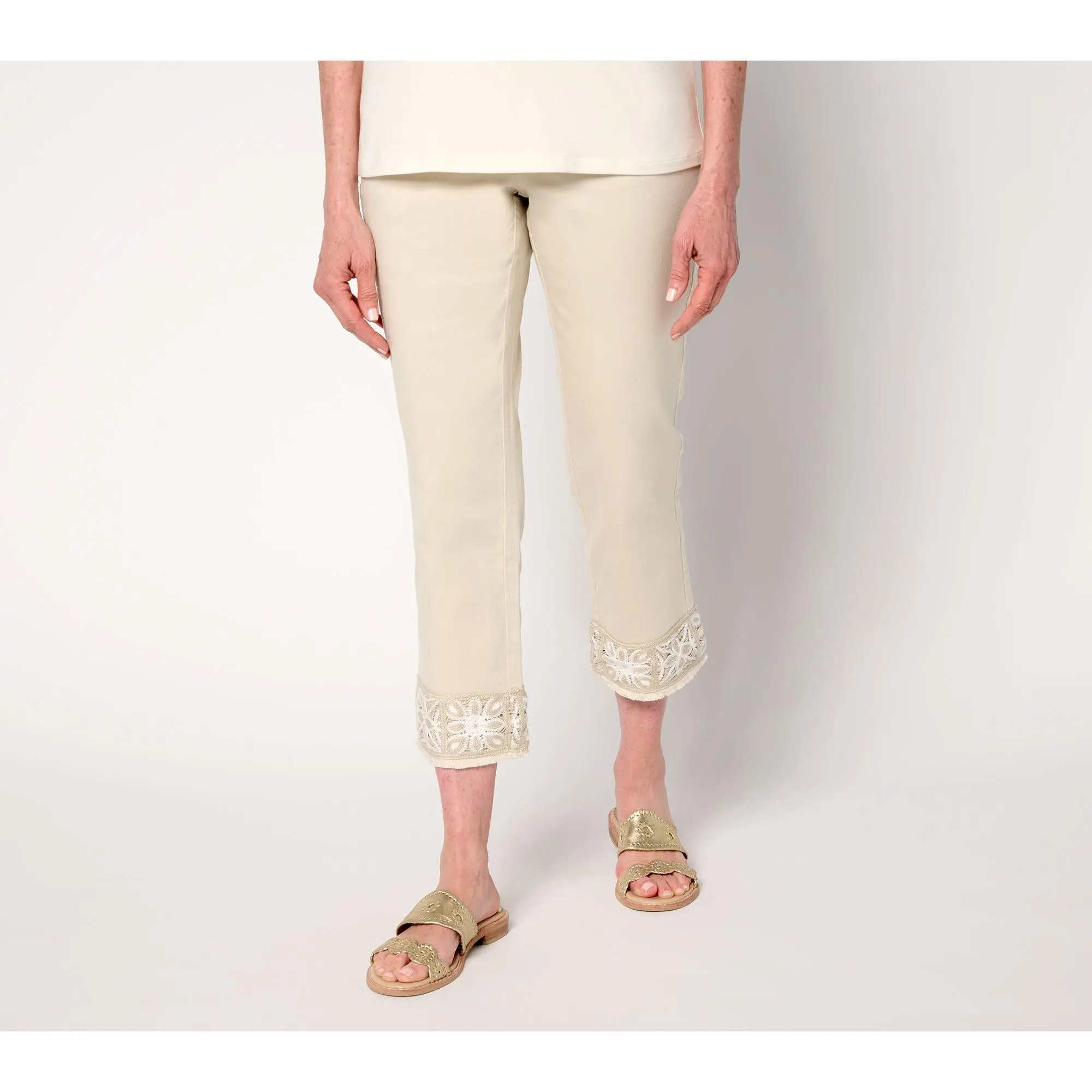 Belle by Kim Gravel Petite TripleLuxe Twill Crochet Cropped Pant