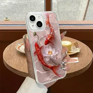 Auspicious Koi & Lotus IMD Protective Cellphone Case - 3D Water Ripple Texture, Zen-Style Pink Lotus, Shockproof Protection, Designer Series Cover for iPhone 17/16/15/14/13 Pro Max, Mobile Phone Accessories Casing