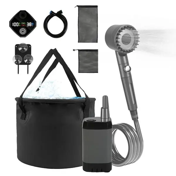 Portable Shower for Camping IPX7 Waterproof 6000mAh Rechargeable Shower Pump Filtered Shower Head 5.3Gallon Foldable Bucket for Hiking Beach-5370