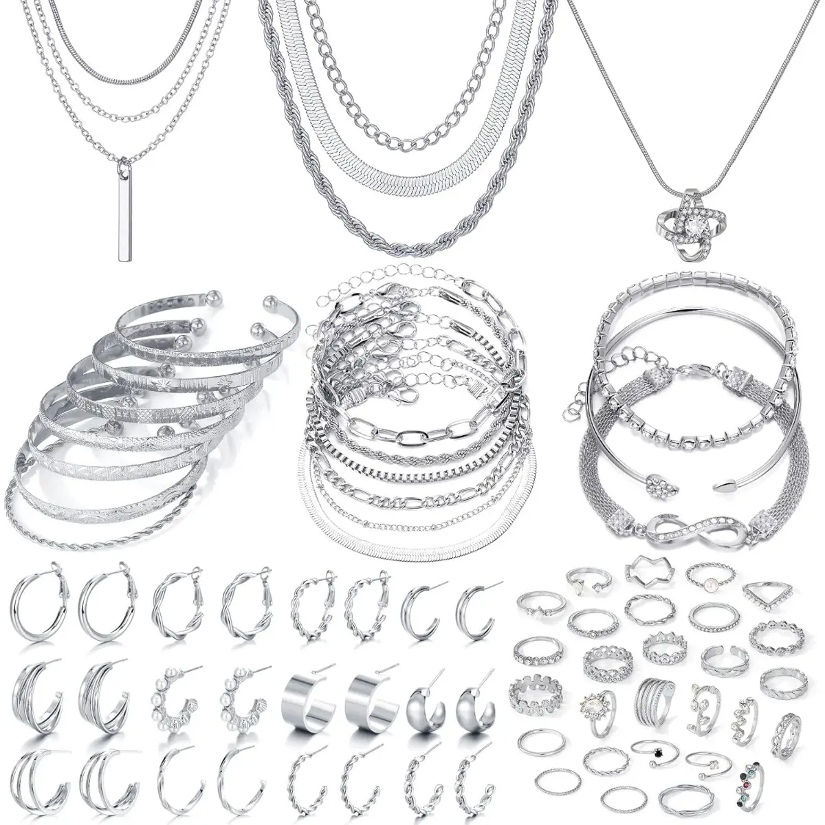 Women's Gold-Toned Minimalist Jewelry Sets - 28/59 Piece Classic Collection with Necklaces, Bracelets, Earrings, Rings for Daily Wear, Parties, Female Birthday & Wedding Occasions, Gold Aesthetic, Everyday, 59 Pcs, Matching Pairs, Multi-Size, Arm Candy Ac