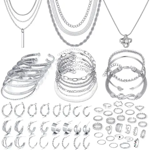 Women's Gold-Toned Simple Fashion Jewelry Set - 28/59-Piece Classic Kit with Necklaces, Bracelets, Earrings, Rings, Multi-Size Pairs, Arm Candy for Daily Wear, Parties (Necklace Gift Set, 59 Pcs)