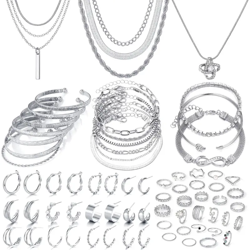Women's Gold-Toned Simple Fashion Jewelry Set - 28/59-Piece Classic Kit with Necklaces, Bracelets, Earrings, Rings, Multi-Size Pairs, Arm Candy for Daily Wear, Parties (Necklace Gift Set, 59 Pcs)